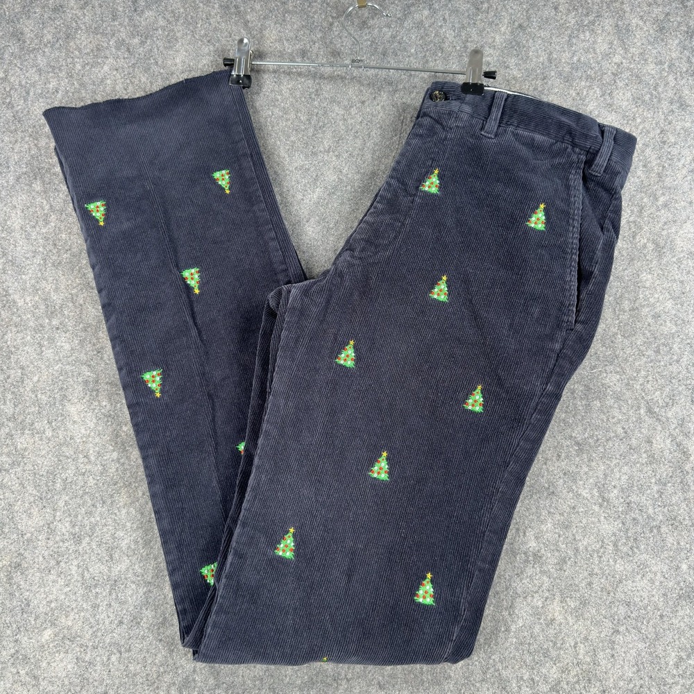 Castaway Pants Mens 30x36 Blue Corduroy Chino Christmas Tree Embroidered Holiday